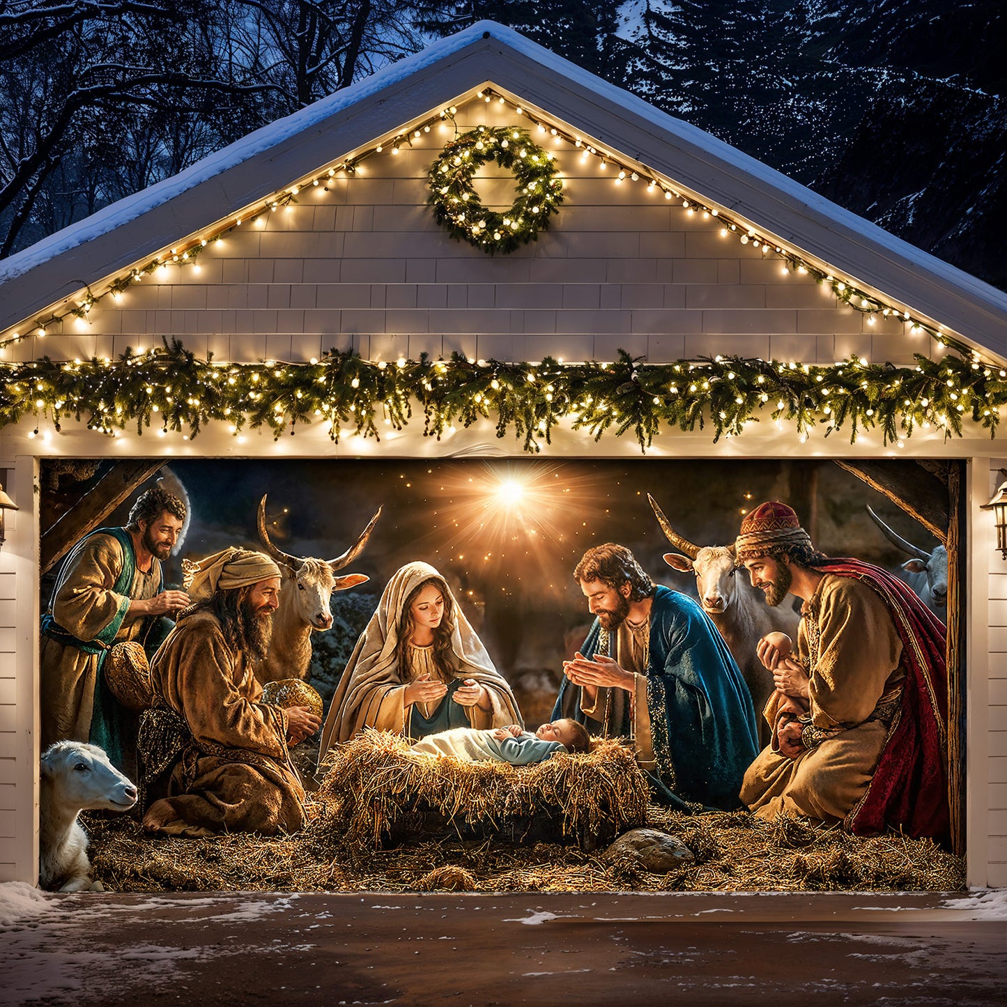 God Garage Door Banner Decoration - A Holy Night in Warm Light