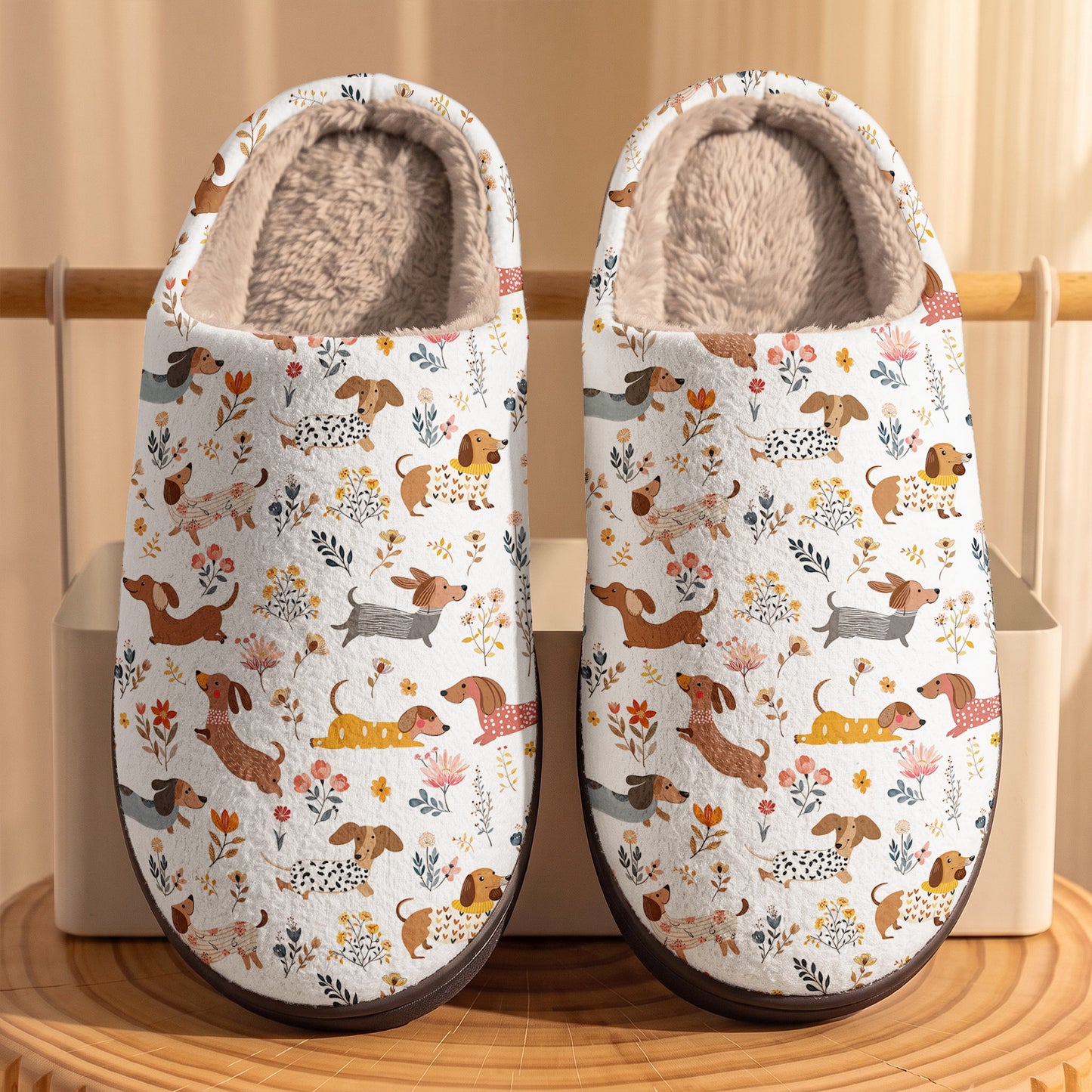 Dachshund Fleece Lined Slippers Happy Field Flowers