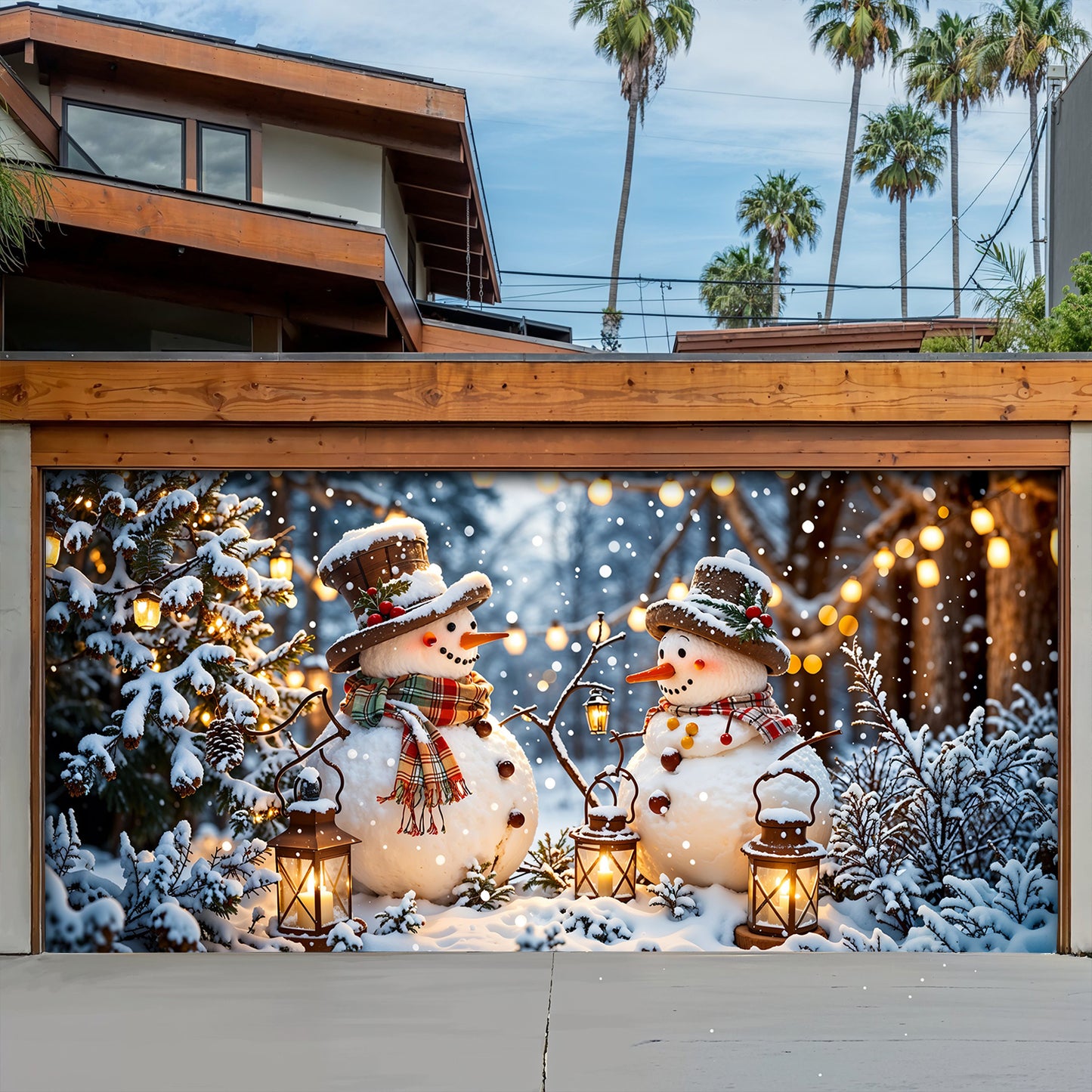 Christmas Garage Door Banner Decoration - Happy Snowmen’s Cozy Forest Glow