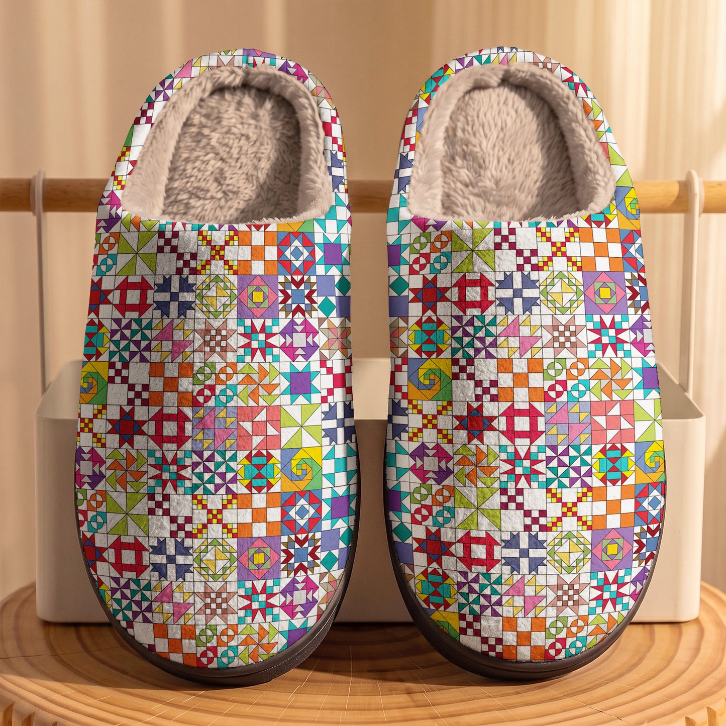 Sewing Lover Fleece Lined Slippers Colorful Quilt Blocks