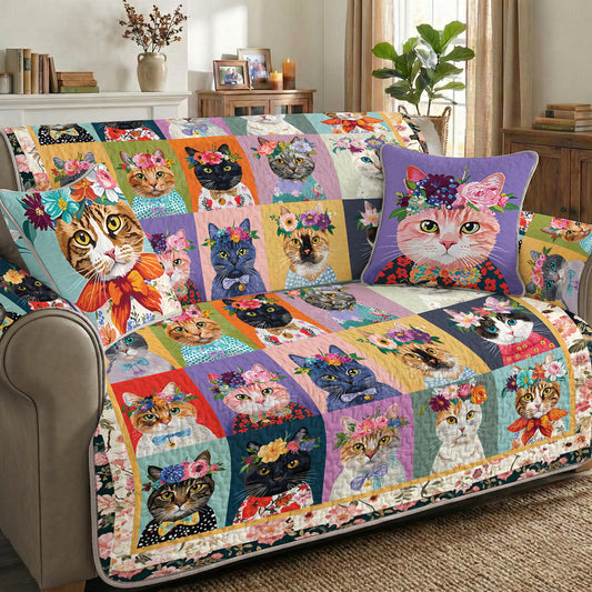 Cat Quilted Sofa Cover Floral Cat Fantasy