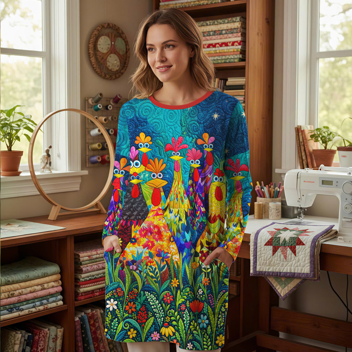 Chicken Long Sleeve Tunic With Pockets Colorful Chicken Garden