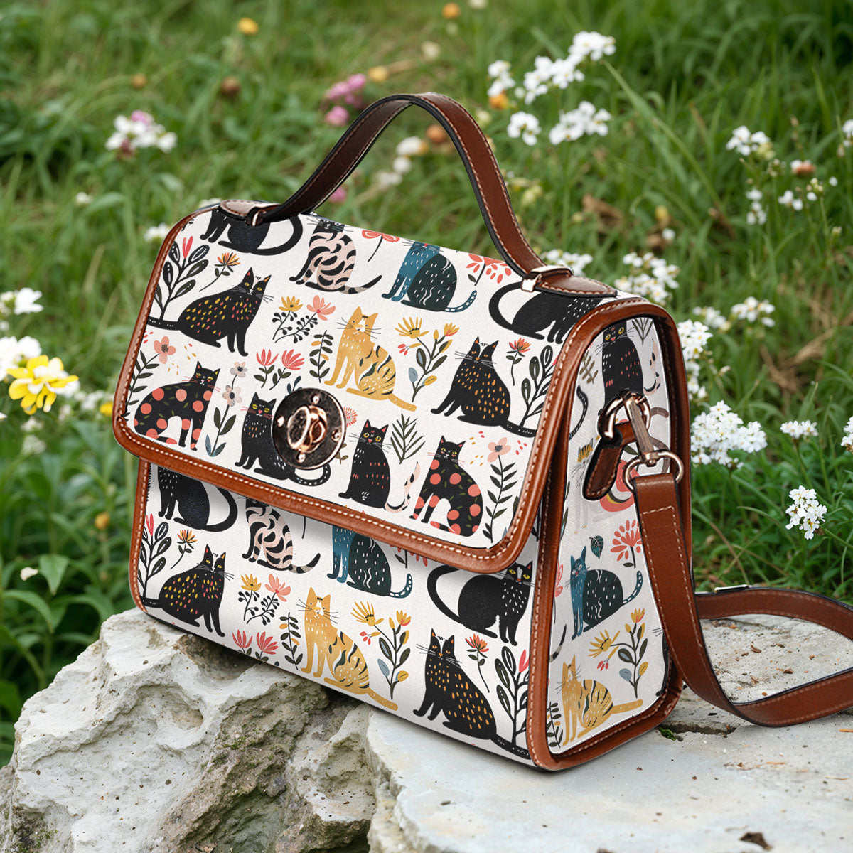 Cat Lover Satchel Handbag Botanical Cat Bliss