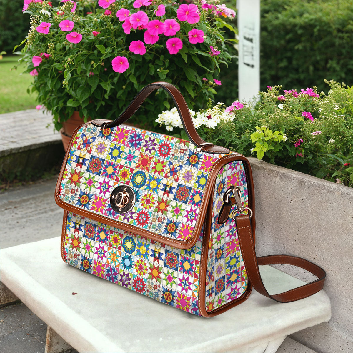 Sewing Lover Satchel Handbag Colorful Quilt Blocks