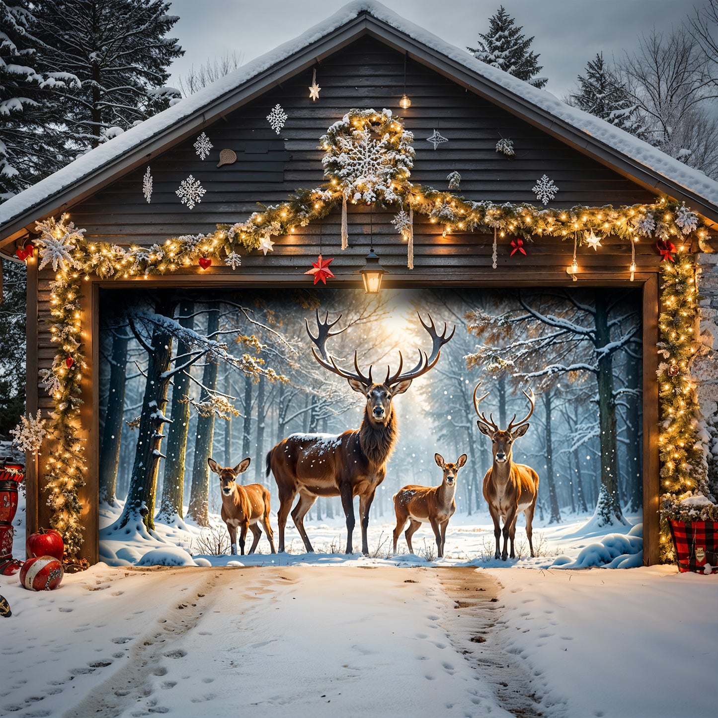 Christmas Garage Door Banner Decoration - Majestic Reindeer Family in Winter Wonderland