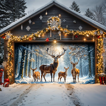 Christmas Garage Door Banner Decoration - Majestic Reindeer Family in Winter Wonderland