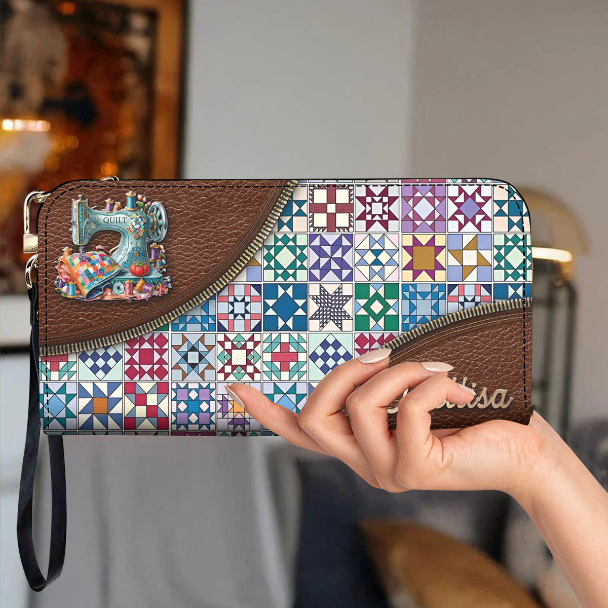Sewing Lover Leather Wallet Personalized Traditional Quilt Blocks