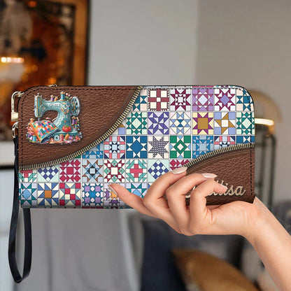 Sewing Lover Leather Wallet Personalized Traditional Quilt Blocks