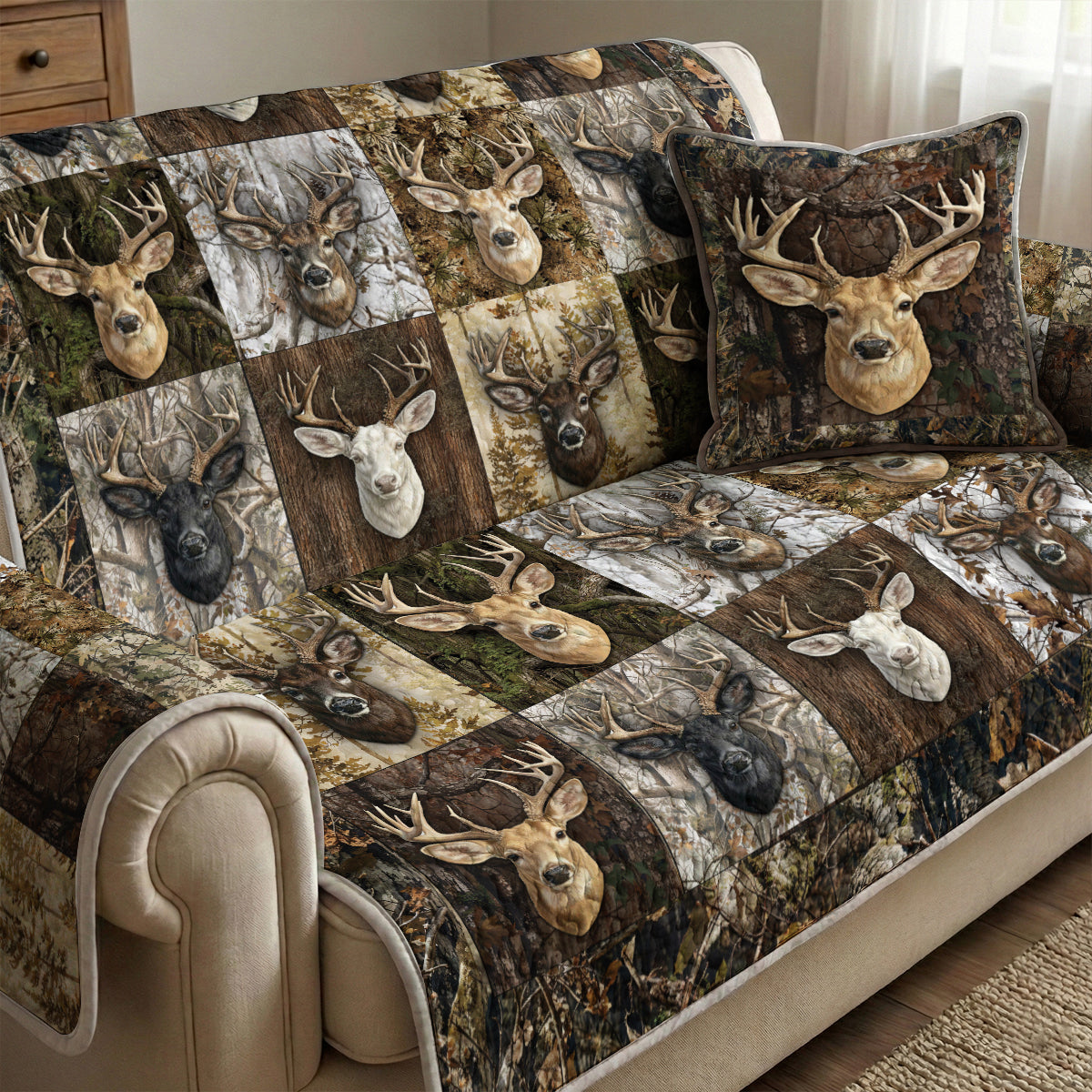 Deer Hunting Quilted Sofa Cover Majestic Whitetail Patchworks