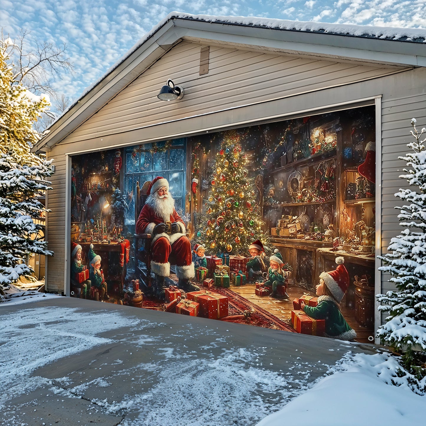 Christmas Garage Door Banner Decoration - Santa’s Cozy Workshop A Magical Christmas Eve with Elves and Gifts