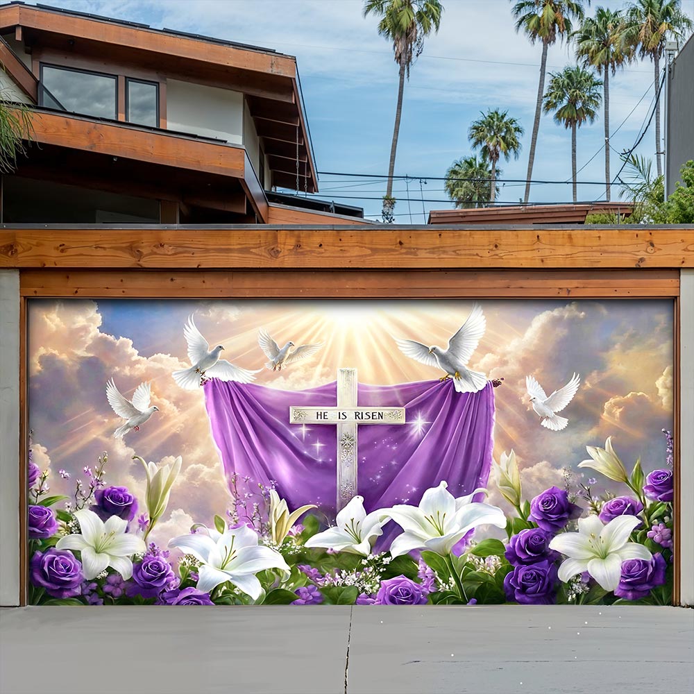 Christian Easter Garage Door Banner Decoration - 'He Is Risen' Resurrection in Bloom
