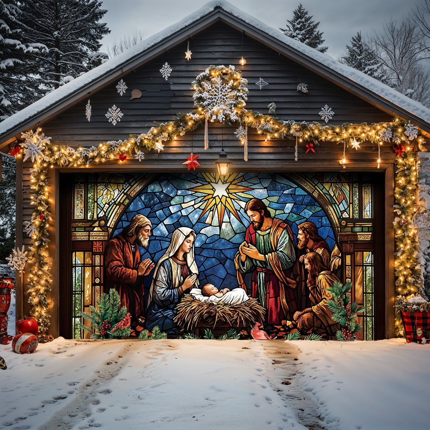 God Garage Door Banner Decoration - The Holy Night in Stained Glass