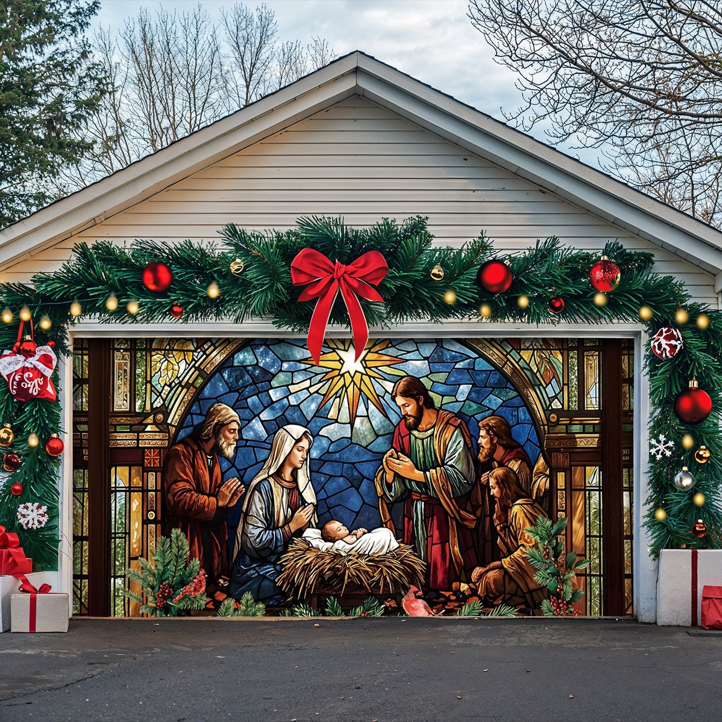 God Garage Door Banner Decoration - The Holy Night in Stained Glass