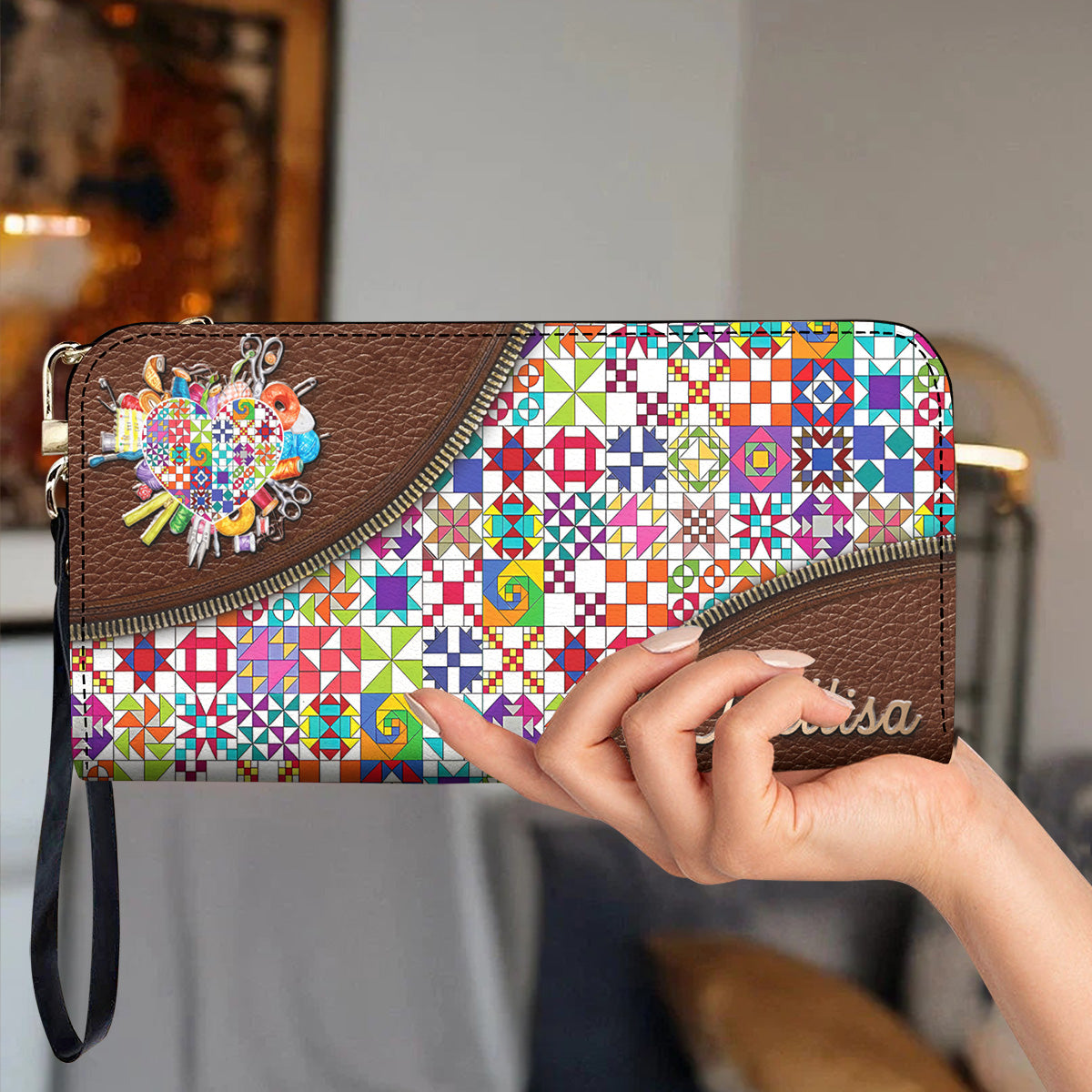 Sewing Lover Leather Wallet Personalized ColorBust Quilt Blocks