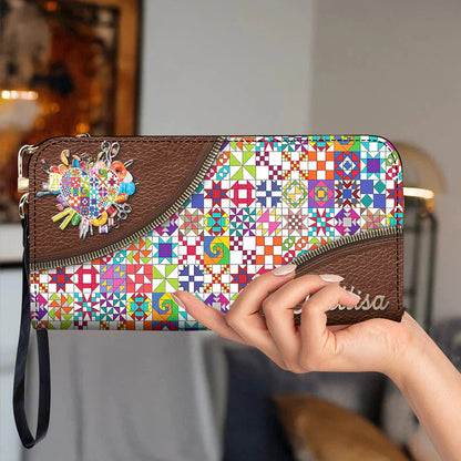 Sewing Lover Leather Wallet Personalized ColorBust Quilt Blocks