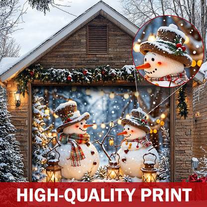 Christmas Garage Door Banner Decoration - Happy Snowmen’s Cozy Forest Glow