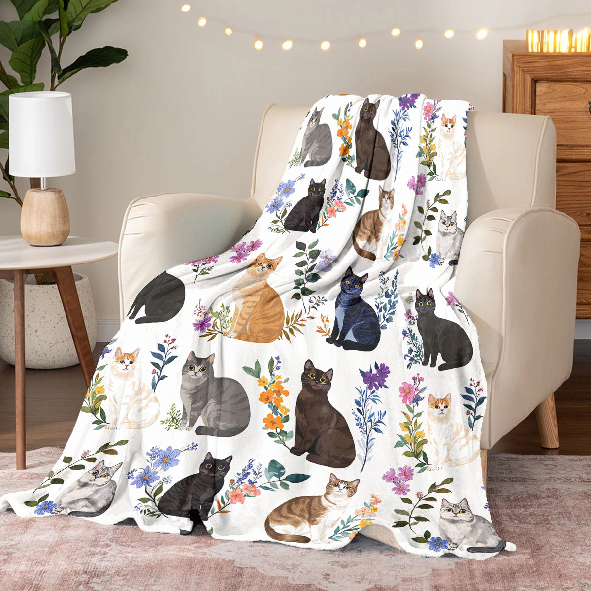 Cat Fleece Blanket Charming Floral Cats