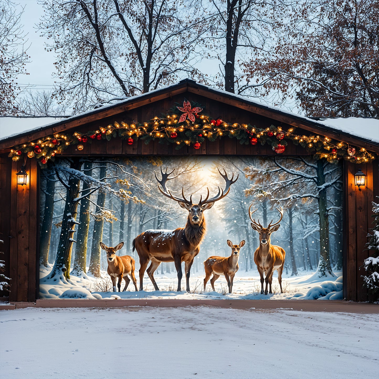 Christmas Garage Door Banner Decoration - Majestic Reindeer Family in Winter Wonderland