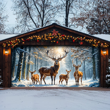 Christmas Garage Door Banner Decoration - Majestic Reindeer Family in Winter Wonderland