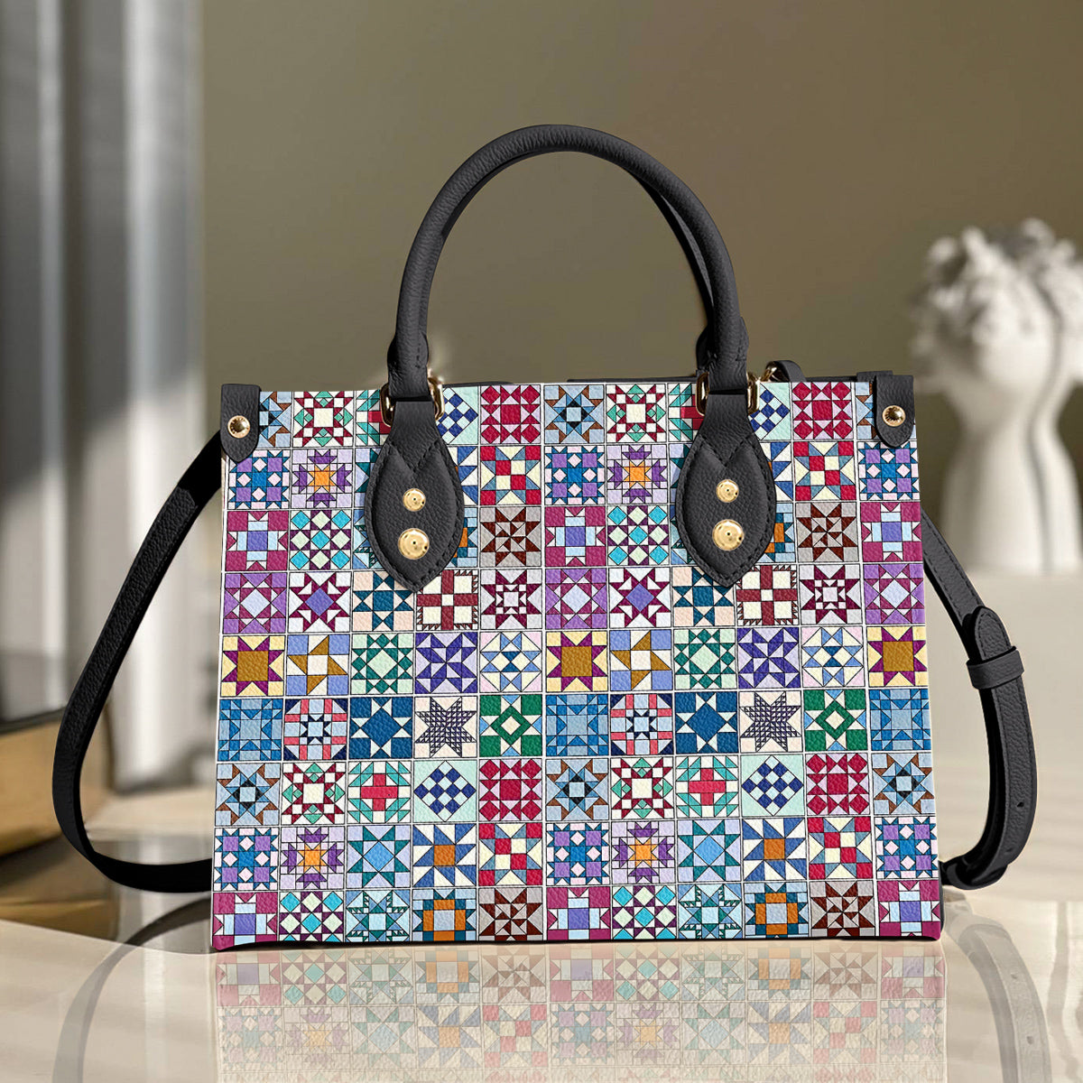 Sewing Lover Leather Handbag Traditional Quilt Blocks