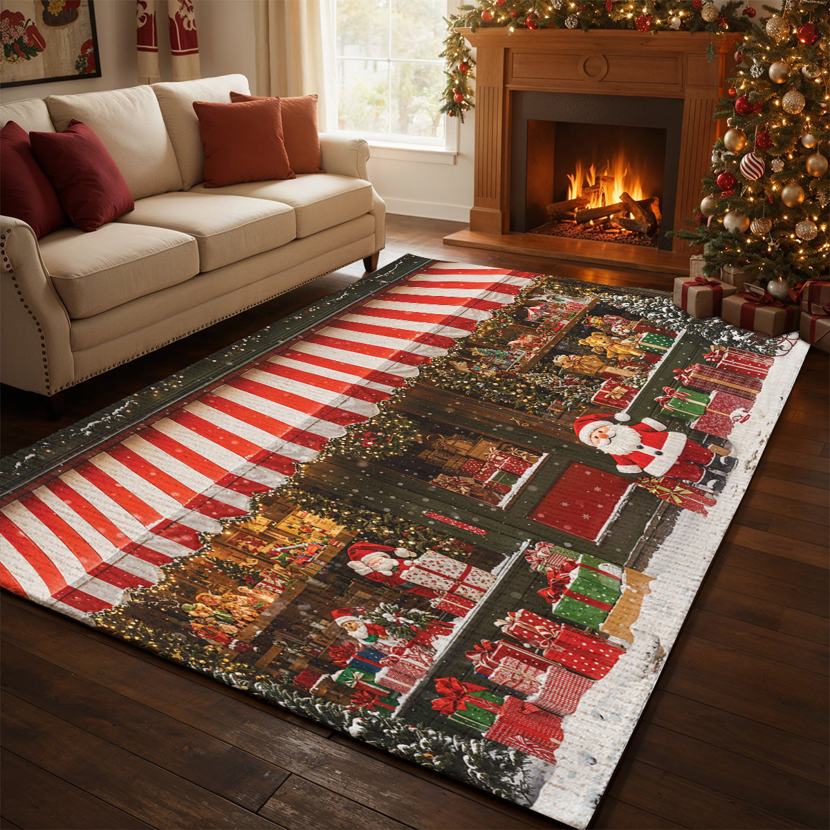Christmas Area Rug Christmas A Snowy Shopfront with Santa and Presents