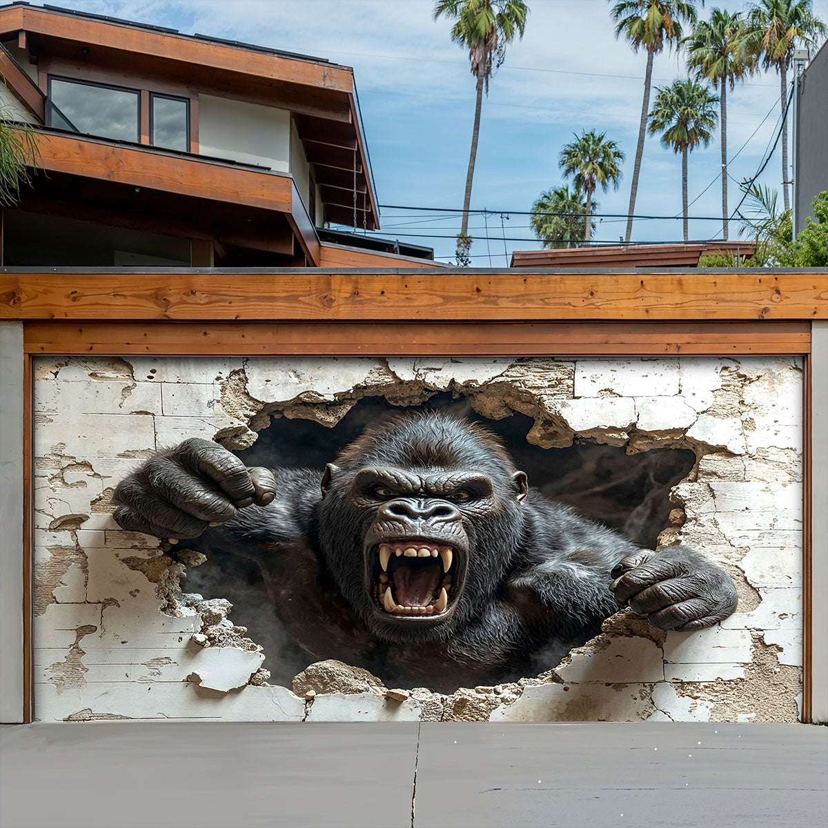Wall Break Garage Door Banner Decoration - Gorilla Breaks The Barrier