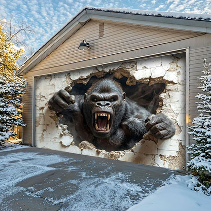 Wall Break Garage Door Banner Decoration - Gorilla Breaks The Barrier