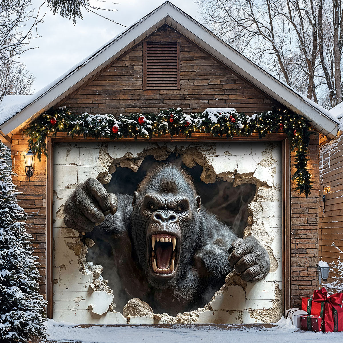 Wall Break Garage Door Banner Decoration - Gorilla Breaks The Barrier