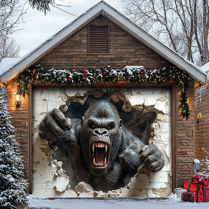 Wall Break Garage Door Banner Decoration - Gorilla Breaks The Barrier