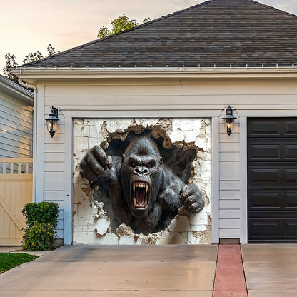 Wall Break Garage Door Banner Decoration - Gorilla Breaks The Barrier