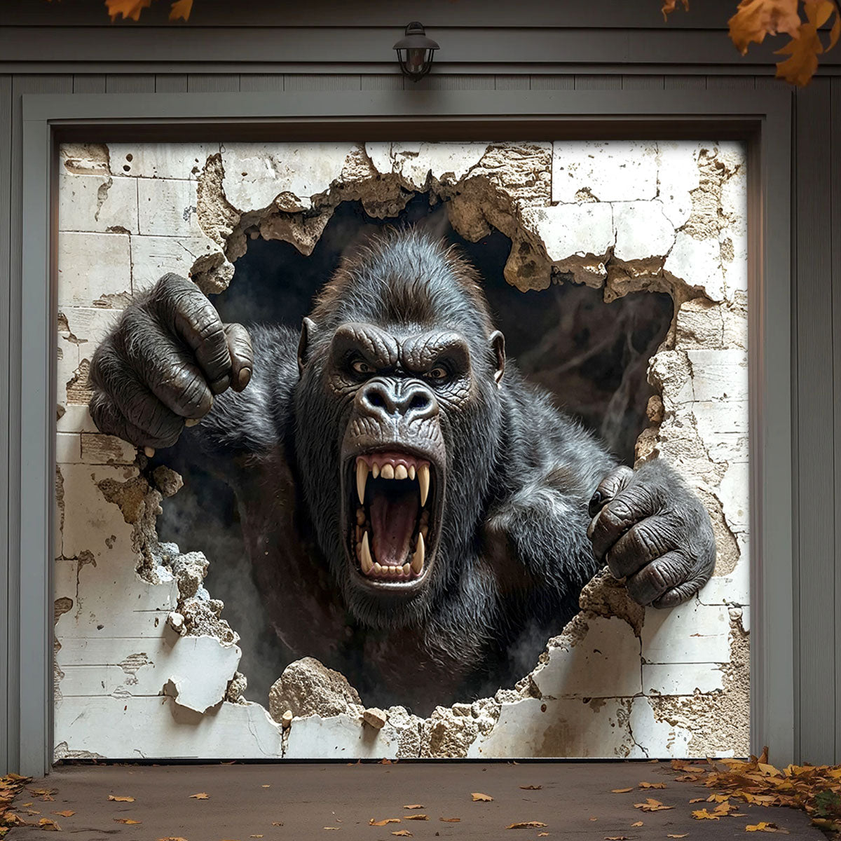 Wall Break Garage Door Banner Decoration - Gorilla Breaks The Barrier