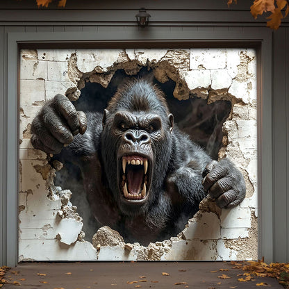 Wall Break Garage Door Banner Decoration - Gorilla Breaks The Barrier