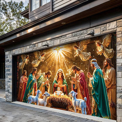 God Garage Door Banner Decoration - Divine Light at the Manger The Nativity Scene