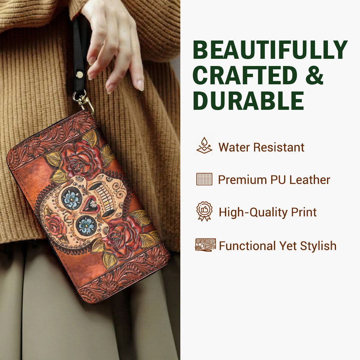 Sugar Skull Leather Wallet Rosebound Skull