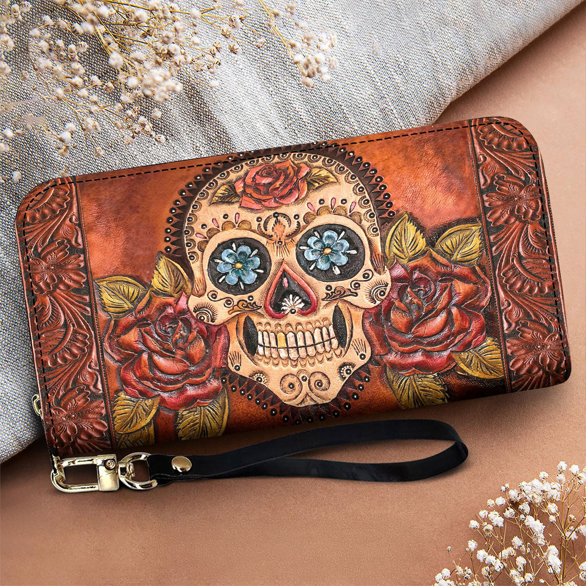 Sugar Skull Leather Wallet Rosebound Skull