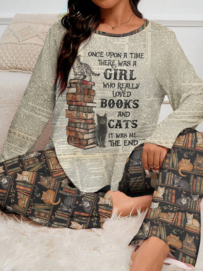 Book & Cat Raglan Lounge Pajamas A Girl Who Really Loves Books & Cats