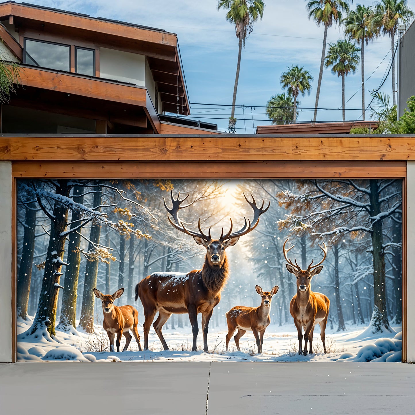 Christmas Garage Door Banner Decoration - Majestic Reindeer Family in Winter Wonderland