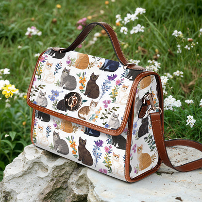 Cat Lover Satchel Handbag Charming Floral Cats