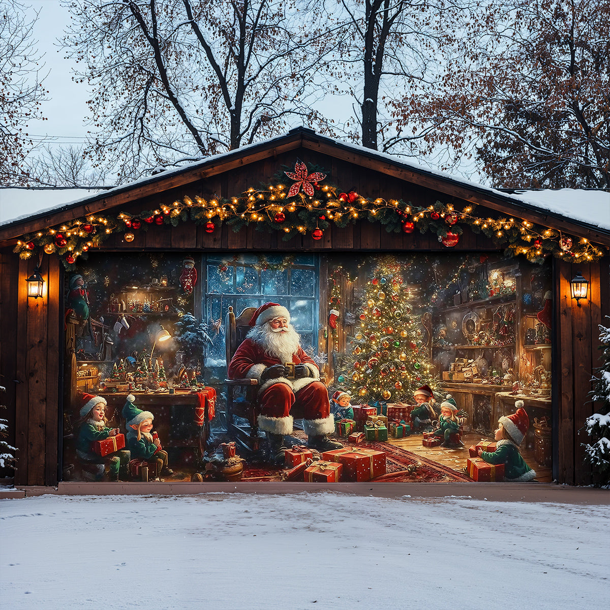 Christmas Garage Door Banner Decoration - Santa’s Cozy Workshop A Magical Christmas Eve with Elves and Gifts