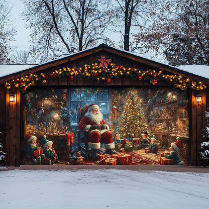 Christmas Garage Door Banner Decoration - Santa’s Cozy Workshop A Magical Christmas Eve with Elves and Gifts