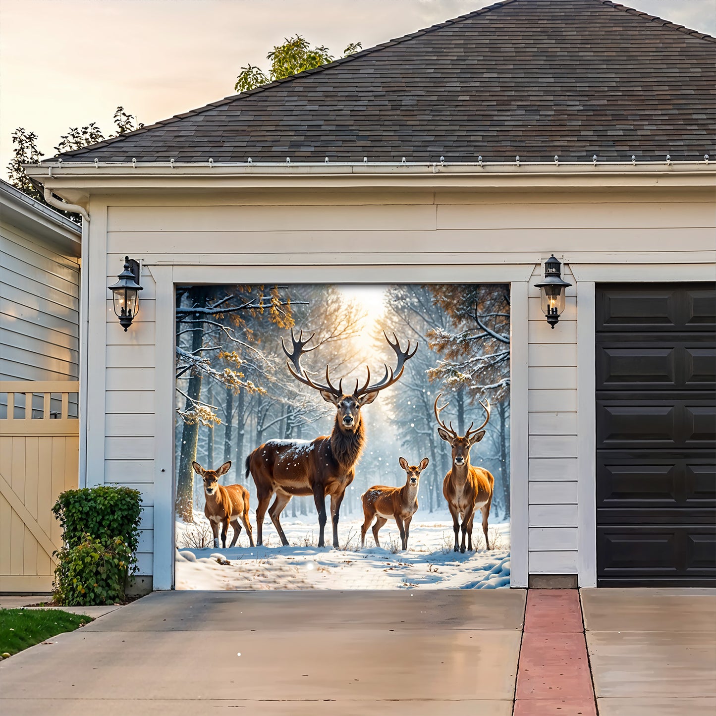 Christmas Garage Door Banner Decoration - Majestic Reindeer Family in Winter Wonderland