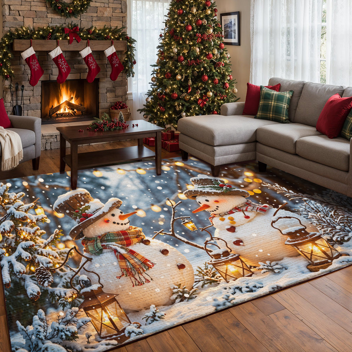 Christmas Area Rug Happy Snowmen’s Cozy Forest Glow