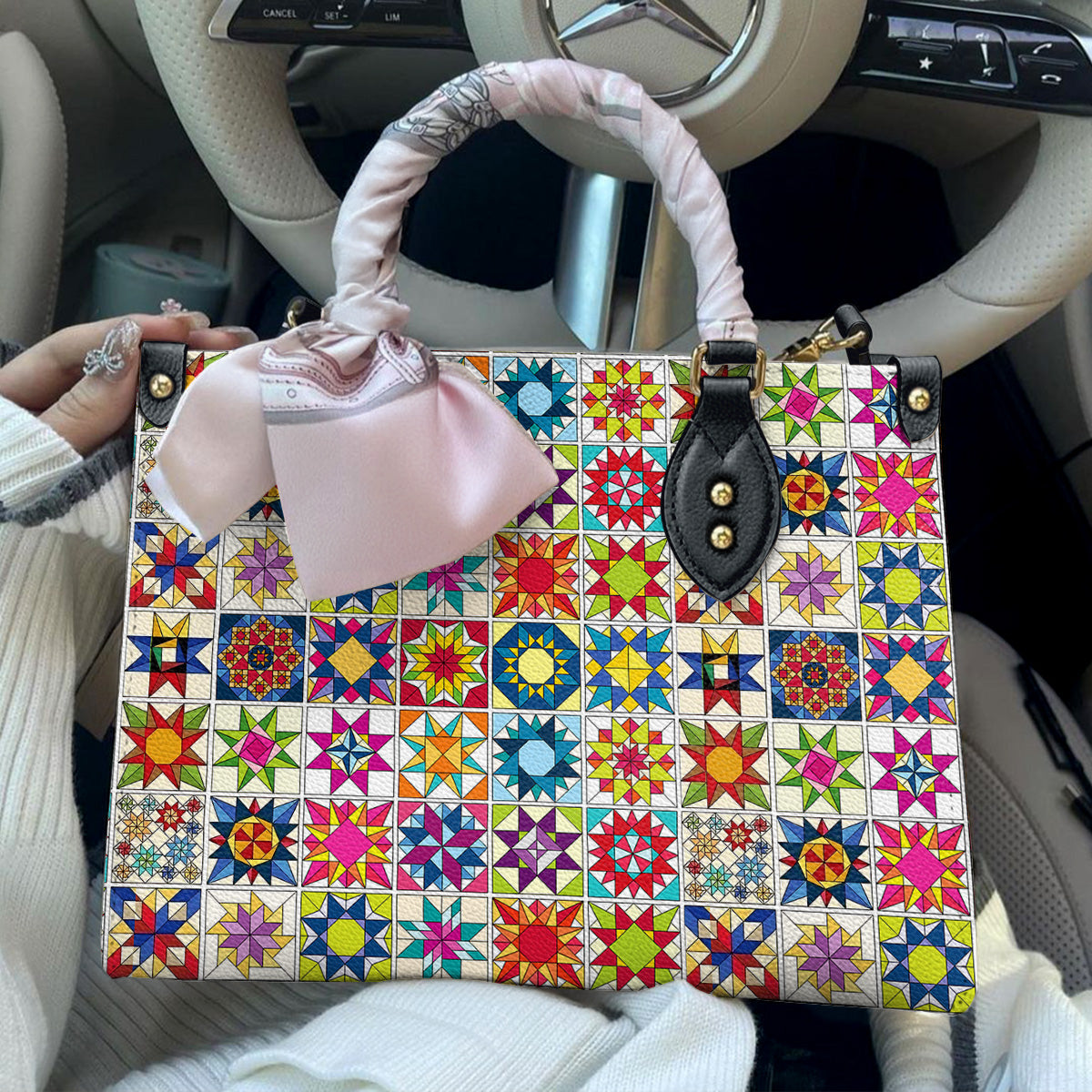 Sewing Lover Leather Handbag Colorful Quilt Blocks