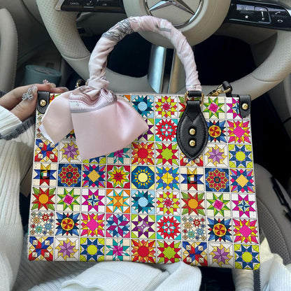 Sewing Lover Leather Handbag Colorful Quilt Blocks