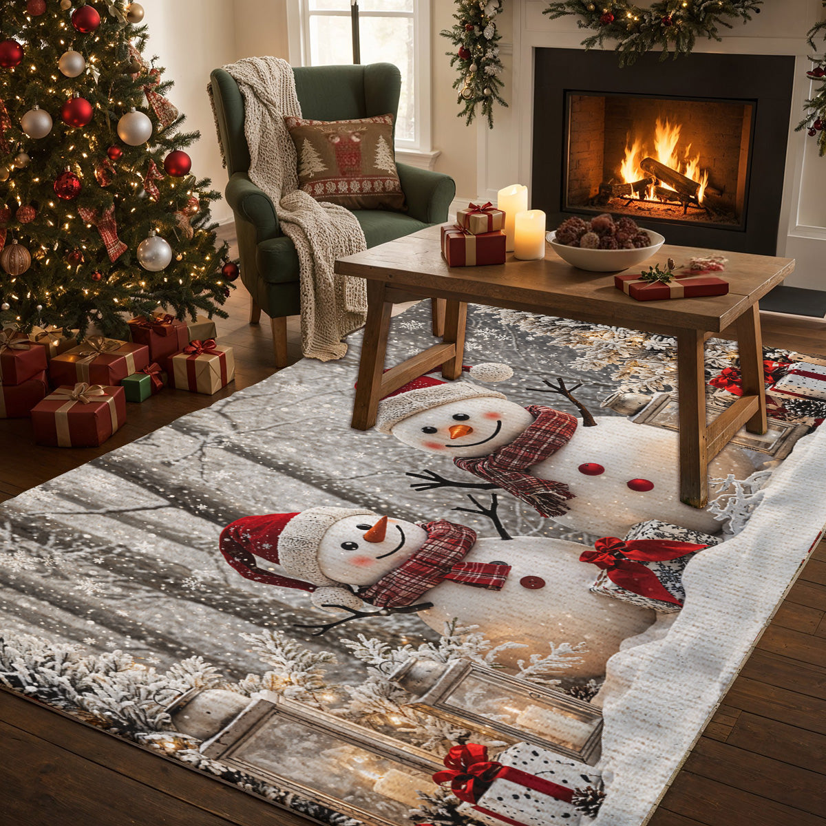 Christmas Area Rug Winter Forest Happy Snowman Couple