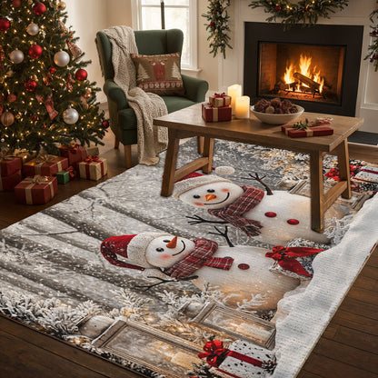 Christmas Area Rug Winter Forest Happy Snowman Couple