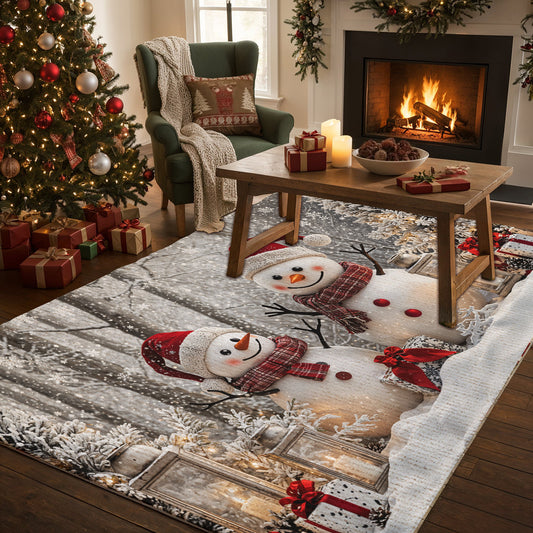 Christmas Area Rug Winter Forest Happy Snowman Couple