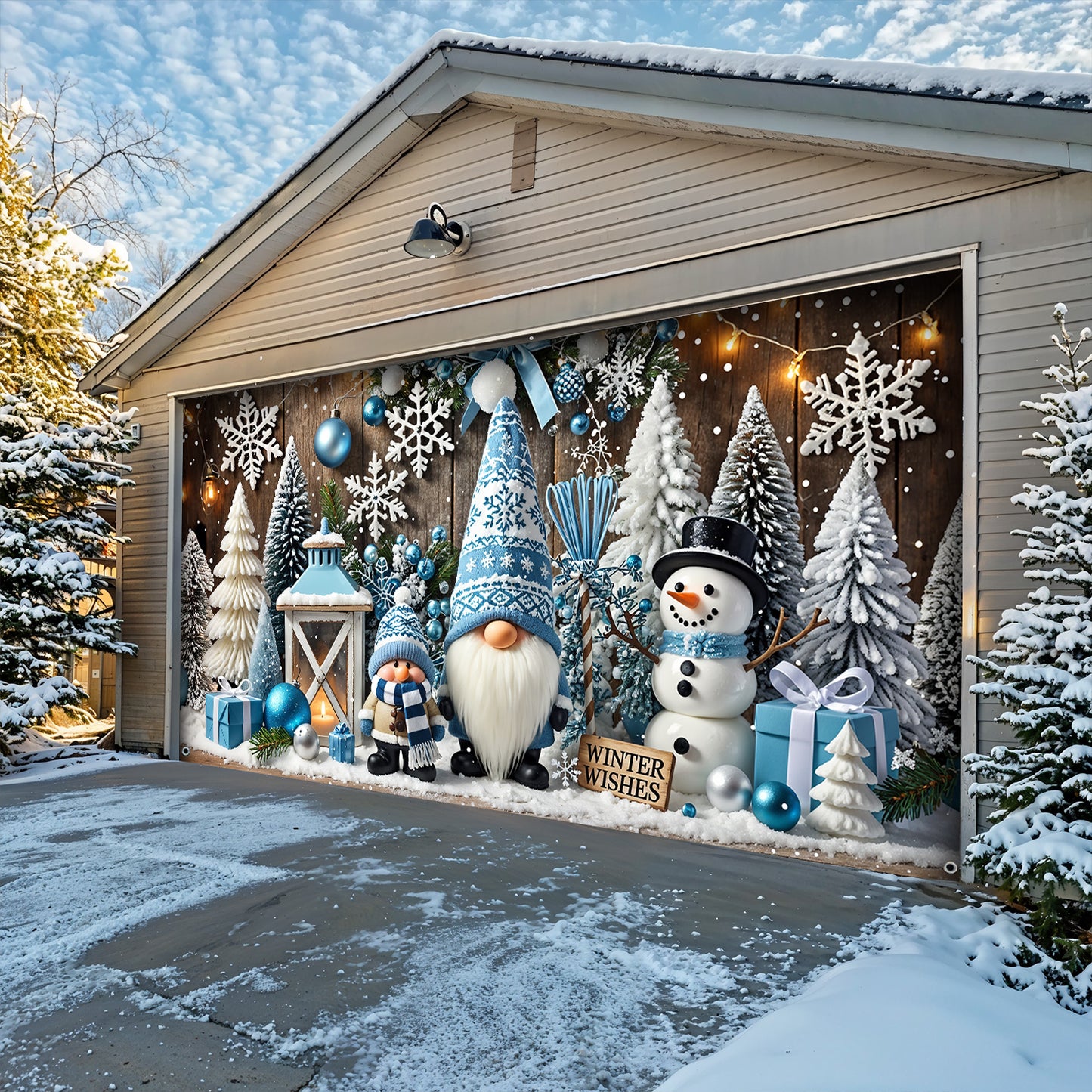 Christmas Garage Door Banner Decoration - Winter Wishes in a Gnome Wonderland