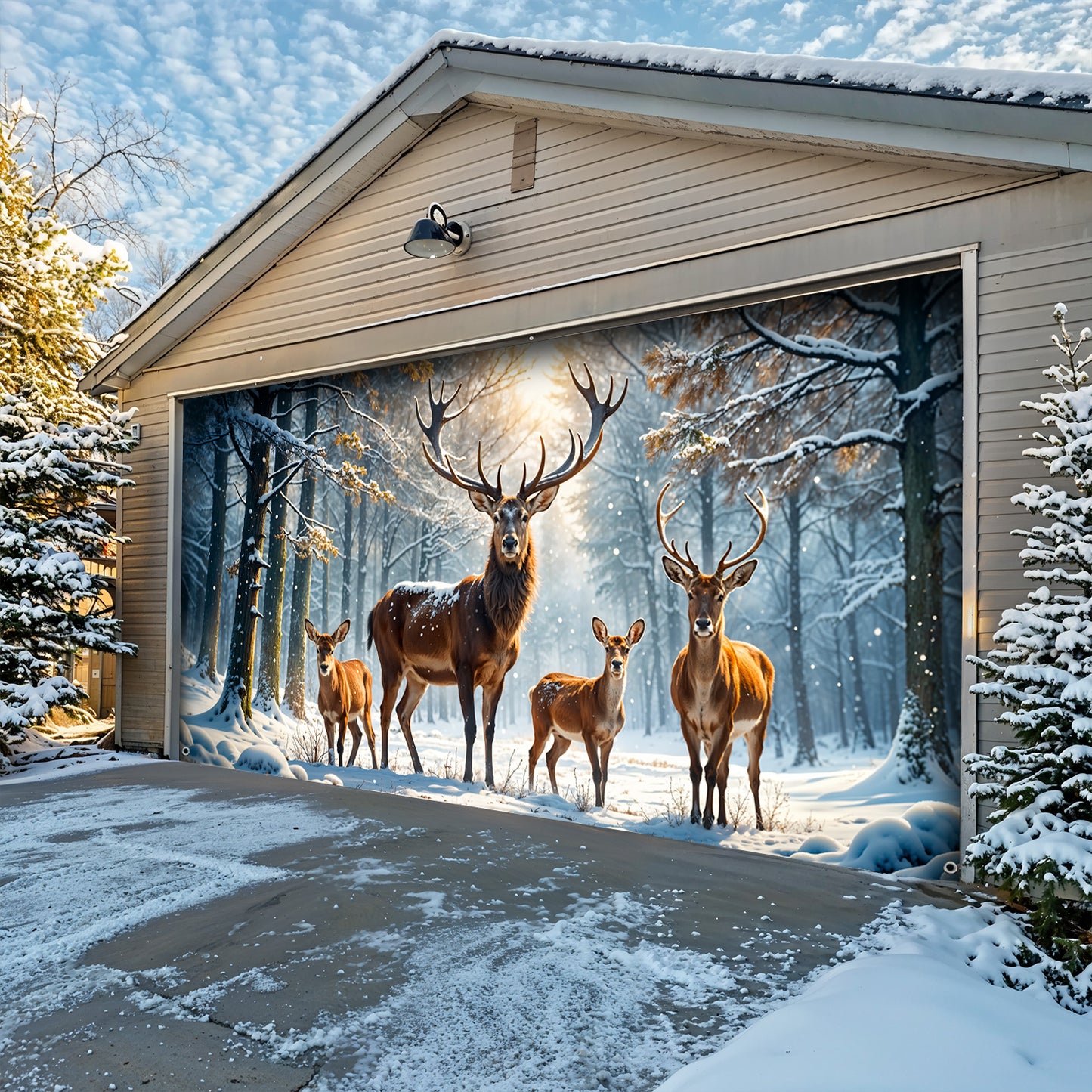Christmas Garage Door Banner Decoration - Majestic Reindeer Family in Winter Wonderland