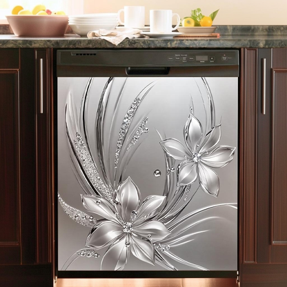 Floral Magnetic Dishwasher Cover Silver Bloom Radiance